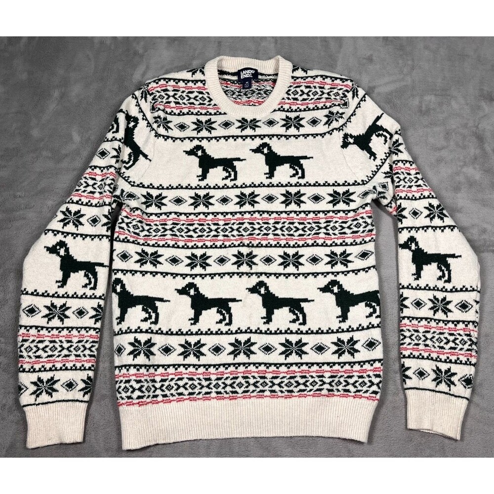 Lands End Fair Isle Sweater Mens Medium 38-40 Crewneck Geometric Dog Holiday